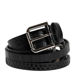 Cinturón de piel exótica negra con hebilla metálica y logotipo de Dolce &amp; Gabbana