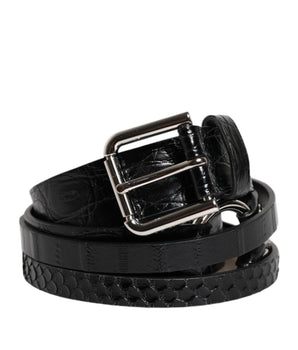 Dolce &amp; Gabbana Black Exotic Leather Metal Logo Buckle Belt