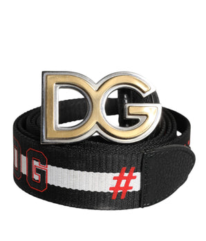 Dolce &amp; Gabbana Black White Printed Metal Logo Buckle Belt