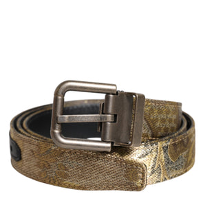 Dolce & Gabbana Gold Leather Jacquard Silver Metal Buckle Belt