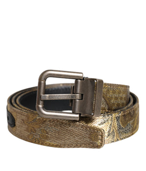 Dolce &amp; Gabbana Gold Leather Jacquard Silver Metal Buckle Belt