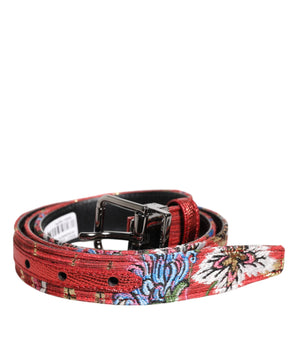Dolce &amp; Gabbana Red Floral DG Embellished Metal Buckle Belt