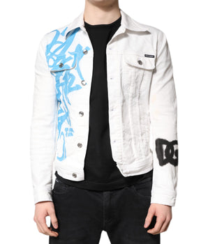 Dolce &amp; Gabbana White Graffiti Cotton Stretch Denim Jacket