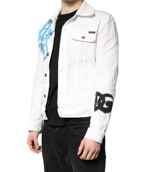 Dolce &amp; Gabbana White Graffiti Cotton Stretch Denim Jacket