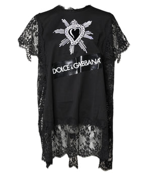 Dolce & Gabbana Black Lace Sheer Sacred Heart Crew Neck Top