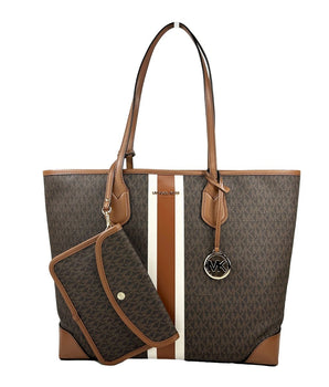 Michael Kors Eva Large Stripe Travel Tote Bag Plus Pouch Brown