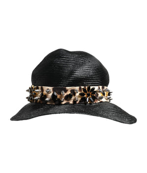 Dolce & Gabbana Black Straw Crystal Embellished Wide Brim Hat