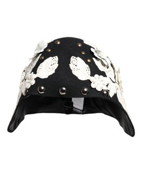 Dolce & Gabbana Black Wool White Floral Gold Leaf Cloche Hat