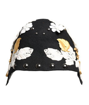 Dolce & Gabbana Black Wool White Floral Gold Leaf Cloche Hat