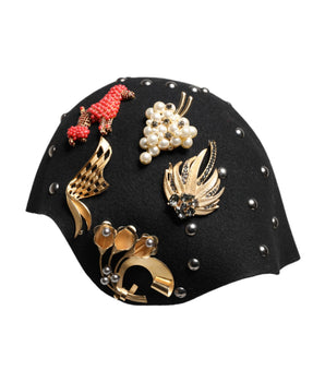 Dolce & Gabbana Black Wool Multicolor Embellished Cloche Hat