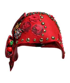 Dolce & Gabbana Red Crystal Gold Roses Brooch Embellished Hat