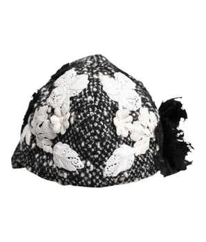 Dolce & Gabbana Black Wool White Floral Embellished Cloche Hat