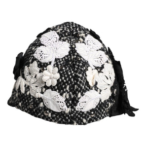 Dolce & Gabbana Black Wool White Floral Embellished Cloche Hat