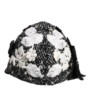 Sombrero cloche de lana negra y blanca con adornos florales de Dolce &amp; Gabbana