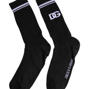 Dolce &amp; Gabbana Black Cotton Logo Mid Calf Men Socks