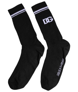 Dolce &amp; Gabbana Black Cotton Logo Mid Calf Men Socks