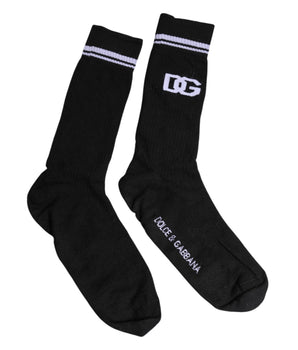 Dolce &amp; Gabbana Black Cotton Logo Mid Calf Men Socks