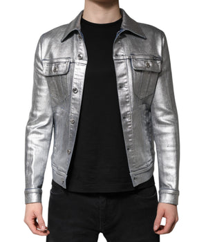 Dolce &amp; Gabbana Silver Cotton Button Down Denim Biker Jacket