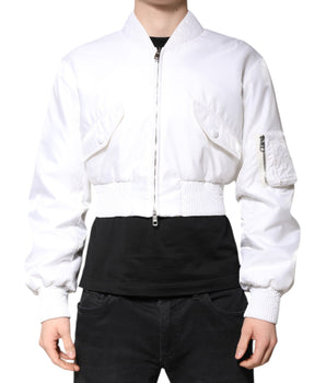 Dolce &amp; Gabbana White Nylon Full Zip Cropped Bomber Jacket