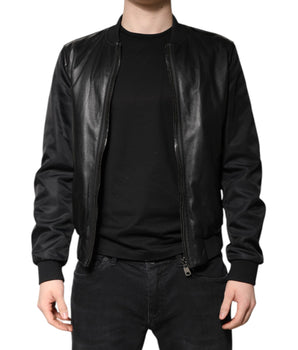 Dolce &amp; Gabbana Black Lambskin Leather Biker Full Zip Jacket