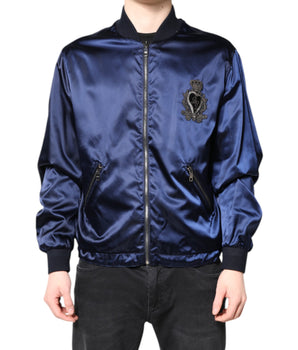 Dolce & Gabbana Blue Nylon DG Crown Full Zip Bomber Jacket