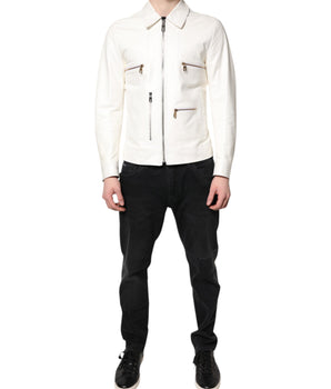 Dolce &amp; Gabbana White Collared Full Zip Biker Coat Jacket