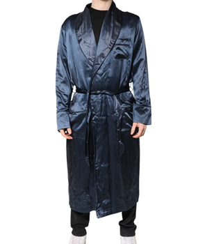 Dolce &amp; Gabbana Blue Solid Silk Men Wrap Robe Coat Jacket