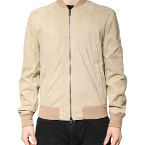 Chaqueta bomber de piel de cordero beige con cremallera completa para hombre de Dolce &amp; Gabbana