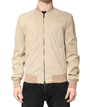 Dolce &amp; Gabbana Beige Lambskin Full Zip Men Bomber Jacket