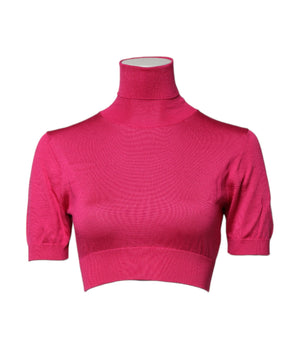 Top corto de cuello alto de punto de seda rosa de Dolce &amp; Gabbana