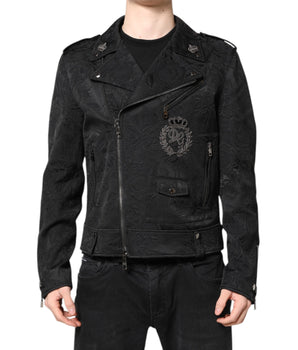 Chaqueta biker con cremallera completa de algodón brocado negro de Dolce &amp; Gabbana