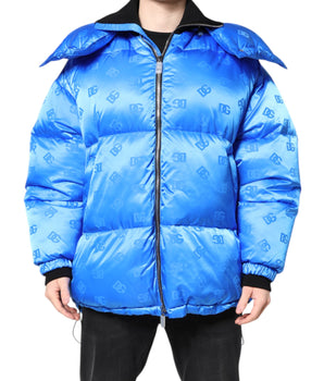 Dolce & Gabbana Blue Logo Full Zip Hooded Quilted Jacket