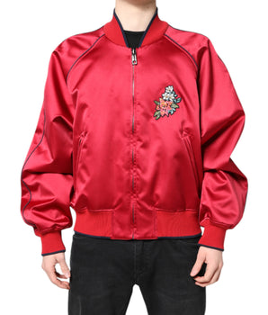 Chaqueta bomber Dolce &amp; Gabbana con cremallera completa y parche floral rojo para hombre