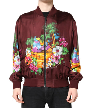 Dolce & Gabbana Maroon Floral Print Full Zip Bomber Jacket