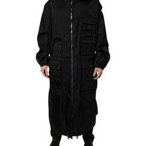 Dolce & Gabbana Black Hooded Long Men Windbreaker Jacket