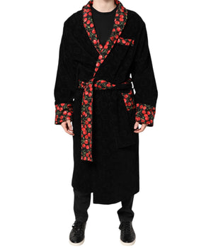 Dolce & Gabbana Black Cherry Print Wrap Robe Men Coat Jacket