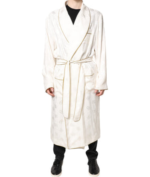 Dolce & Gabbana Ivory Silk Logo Men Wrap Robe Coat Jacket