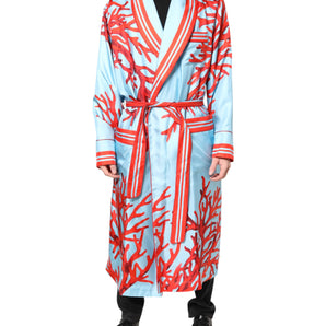 Dolce & Gabbana Blue Red Coral Print Wrap Robe Coat Jacket
