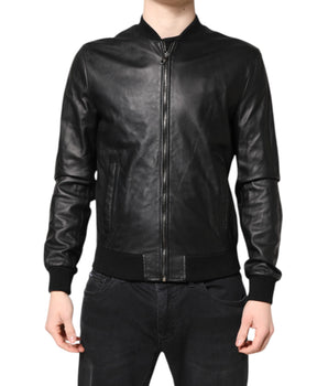 Dolce & Gabbana Black Lambskin Leather Full Zip Biker Jacket