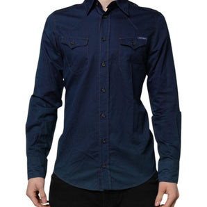 Dolce & Gabbana Blue Cotton GOLD Long Sleeves Casual Shirt