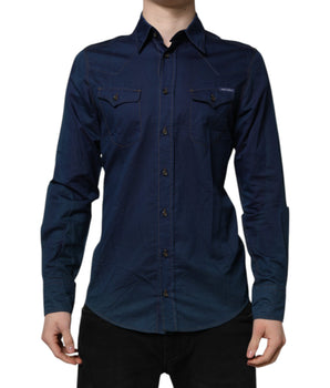Camisa casual de manga larga Dolce &amp; Gabbana de algodón azul dorado