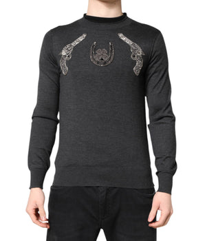 Dolce & Gabbana Gray Embroidery Knit Men Pullover Sweater