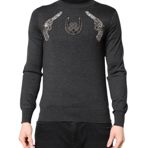 Dolce &amp; Gabbana Gray Embroidery Knit Men Pullover Sweater