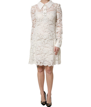 Vestido recto de manga larga con encaje floral blanco de Dolce &amp; Gabbana