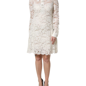 Dolce & Gabbana White Floral Lace Long Sleeves Shift Dress