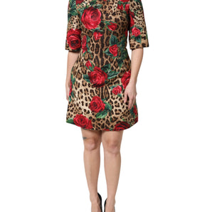 Dolce & Gabbana Brown Rose Leopard Short Sleeves Mini Dress