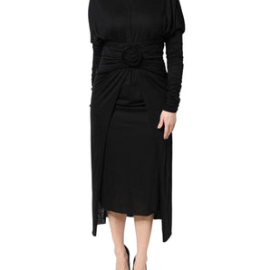 Dolce & Gabbana Black Wool Long Sleeves Sheath Midi Dress