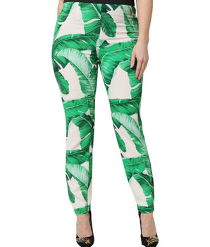 Dolce &amp; Gabbana White Green Leaf High Waist Pants