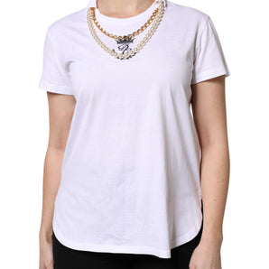 Dolce & Gabbana White Chain Pearl Cotton Round Neck T-shirt