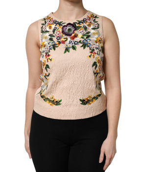 Camiseta sin mangas con bordado floral beige de Dolce &amp; Gabbana